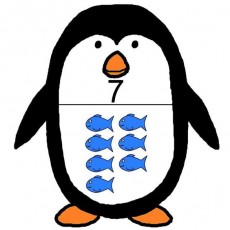Penguin with 7 Blue Fish - Educational Math Concept