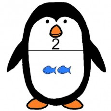 Penguin Character with Number 2 and Two Blue Fish - Educational Math Illustration
