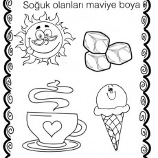 Sıcak ve Soğuk Nesneler Boyama Etkinliği - 1 Sıcak (Güneş, Kahve) ve 3 Soğuk (Buz, Dondurma)