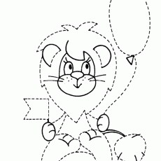 Çizim: Balloon and Flag Holding Cartoon Lion - Eğitici Boyama Faaliyeti