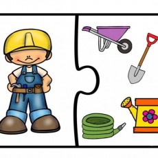 Tarım Araçları ve Bahçe Temalı Puzzle: Küçük Bahçıvan, Şapka, Tekerlekli Sandık, Sulama Kabı, Hortum, Kürek