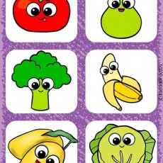 Colorful Cartoon Fruits and Vegetables with Faces: Tomato, Pear, Broccoli, Banana, Mango, Cabbage