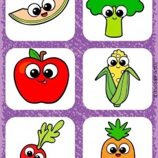 Eğlenceli Sebze ve Meyve Kartları: 6 Adet Renkli Çizim - 1 Melon, 1 Brokoli, 1 Elma, 1 Mısır, 1 Turp, 1 Ananas