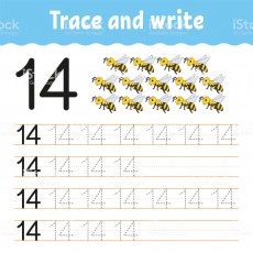 Trace and Write 14 with Bees - Educational Worksheet for Number Recognition and Writing Practice